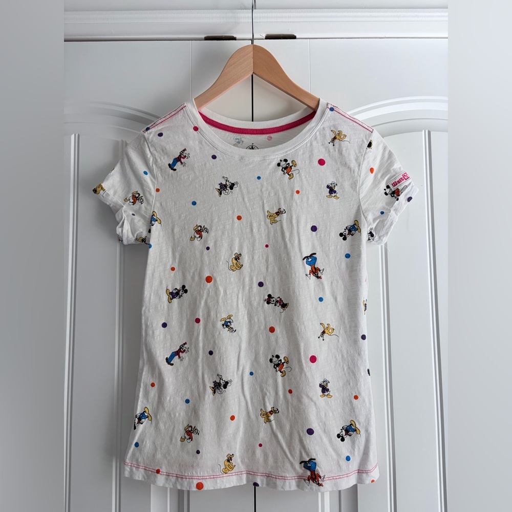 Disney White Short Sleeve Tee with Multicolor Character Dots and Pink Trim